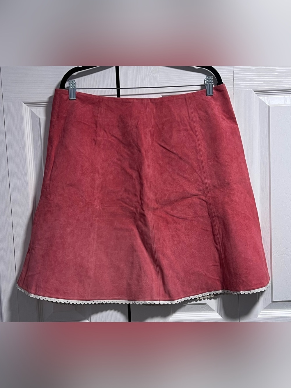Women's JDS Collection A-Line Pink Leather Skirt With White Eyelet Hem